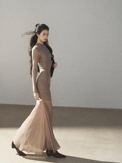 AOMALM - Milk Tea Ruched Mesh Mermaid Maxi Dress