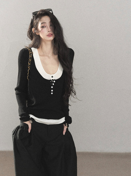 AOMALM - Korean U-Neck Faux Layered Knit Top