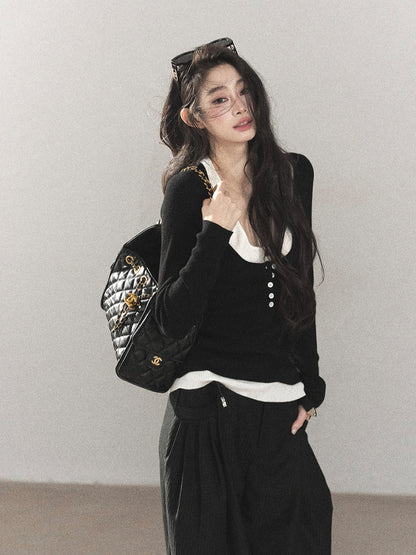 AOMALM - Korean U-Neck Faux Layered Knit Top