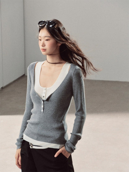 AOMALM - Korean U-Neck Faux Layered Knit Top