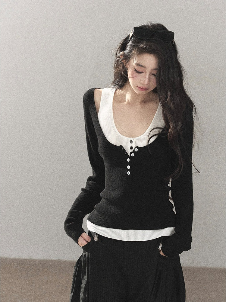 AOMALM - Korean U-Neck Faux Layered Knit Top