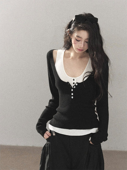 AOMALM - Korean U-Neck Faux Layered Knit Top