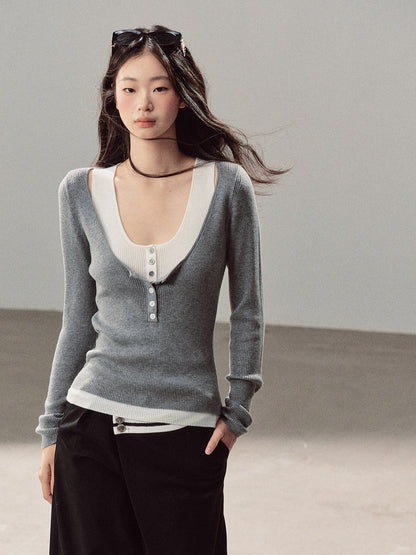 AOMALM - Korean U-Neck Faux Layered Knit Top