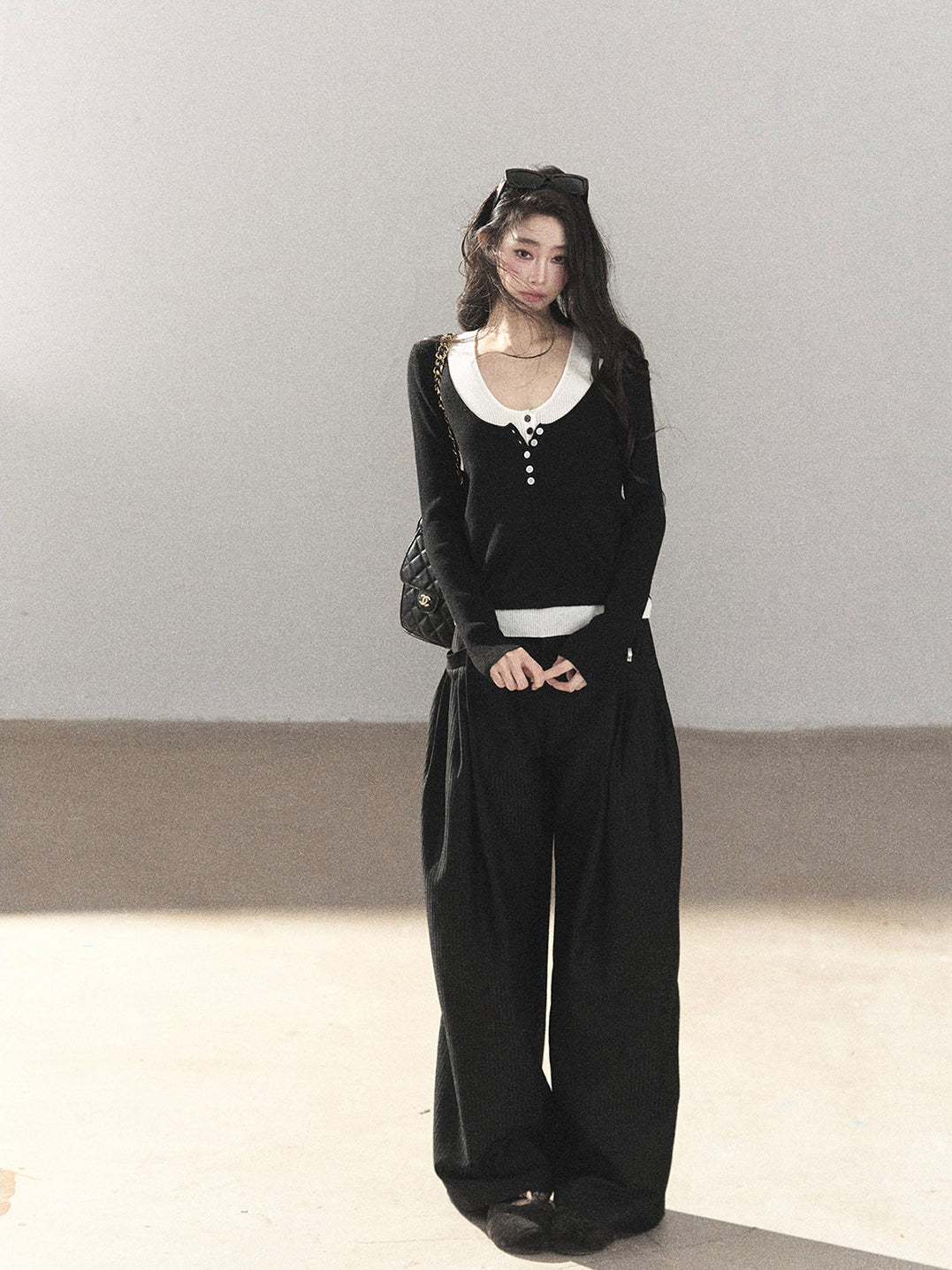 AOMALM - Korean U-Neck Faux Layered Knit Top