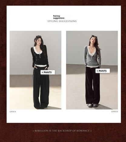 AOMALM - Korean U-Neck Faux Layered Knit Top