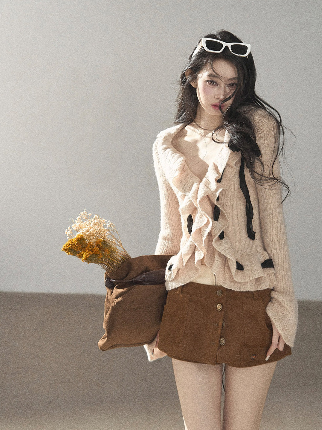 AOMALM - Cinnamon Pink V-Neck Knit Top with Ruffle Hem | Cropped Fit