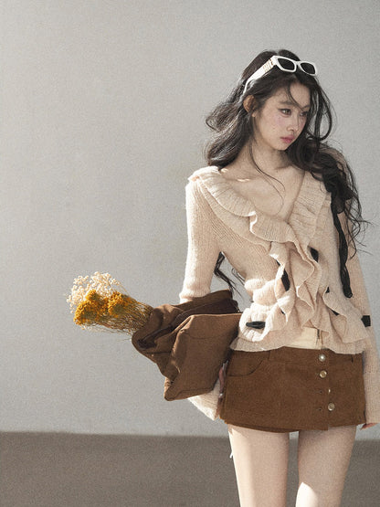AOMALM - Cinnamon Pink V-Neck Knit Top with Ruffle Hem | Cropped Fit