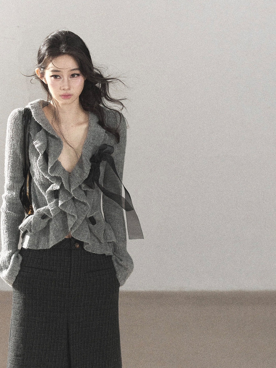 AOMALM - Pearl Gray V-Neck Knit Top with Ruffle Hem | Cropped Fit
