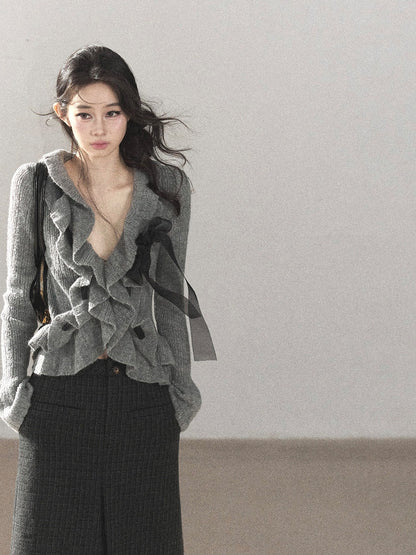 AOMALM - Pearl Gray V-Neck Knit Top with Ruffle Hem | Cropped Fit