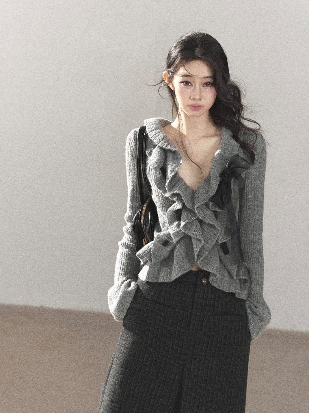AOMALM - Pearl Gray V-Neck Knit Top with Ruffle Hem | Cropped Fit