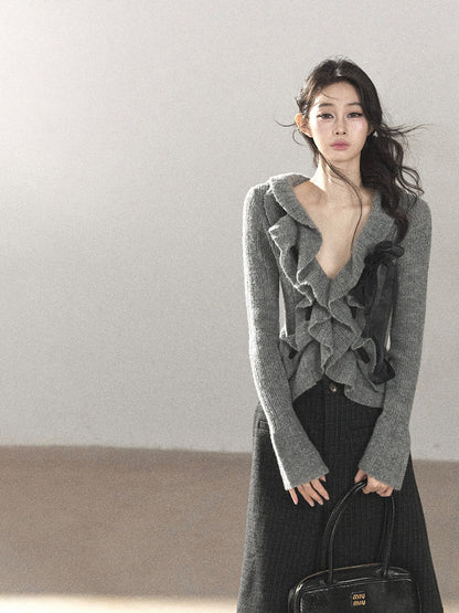 AOMALM - Pearl Gray V-Neck Knit Top with Ruffle Hem | Cropped Fit