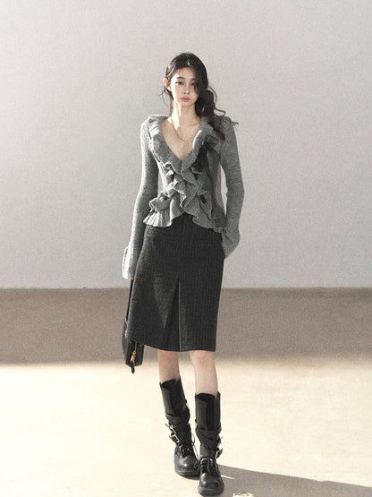 AOMALM - Pearl Gray V-Neck Knit Top with Ruffle Hem | Cropped Fit