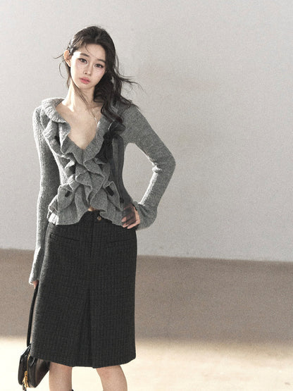 AOMALM - Pearl Gray V-Neck Knit Top with Ruffle Hem | Cropped Fit