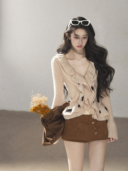 AOMALM - Cinnamon Pink V-Neck Knit Top with Ruffle Hem | Cropped Fit