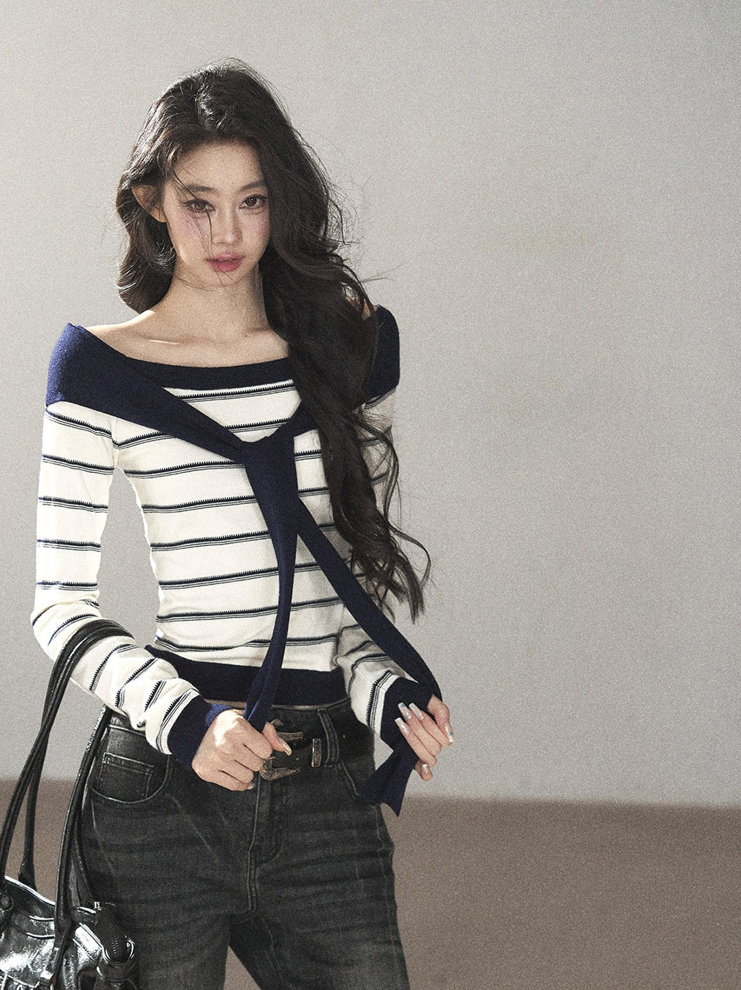 AOMALM - Ivory Stripe Faux-Layered Knit Top with Shoulder Ties