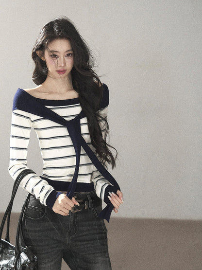 AOMALM - Ivory Stripe Faux-Layered Knit Top with Shoulder Ties