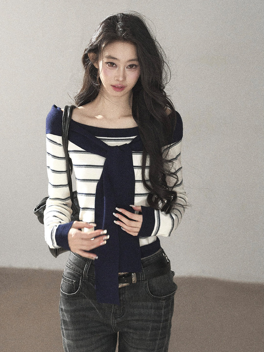 AOMALM - Ivory Stripe Faux-Layered Knit Top with Shoulder Ties