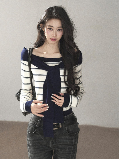 AOMALM - Ivory Stripe Faux-Layered Knit Top with Shoulder Ties