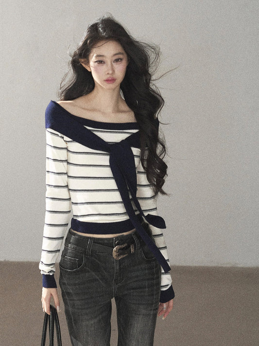 AOMALM - Ivory Stripe Faux-Layered Knit Top with Shoulder Ties