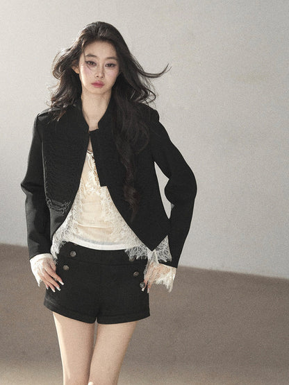 AOMALM - Black Lace Trim Cropped Jacket & Shorts Set