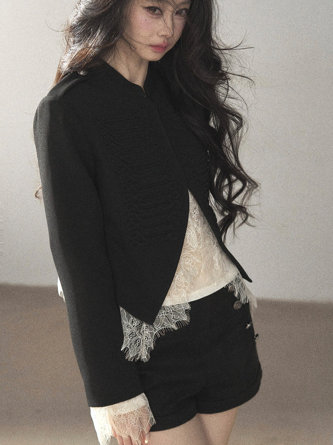 AOMALM - Black Lace Trim Cropped Jacket & Shorts Set