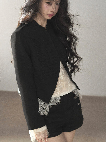 AOMALM - Black Lace Trim Cropped Jacket & Shorts Set