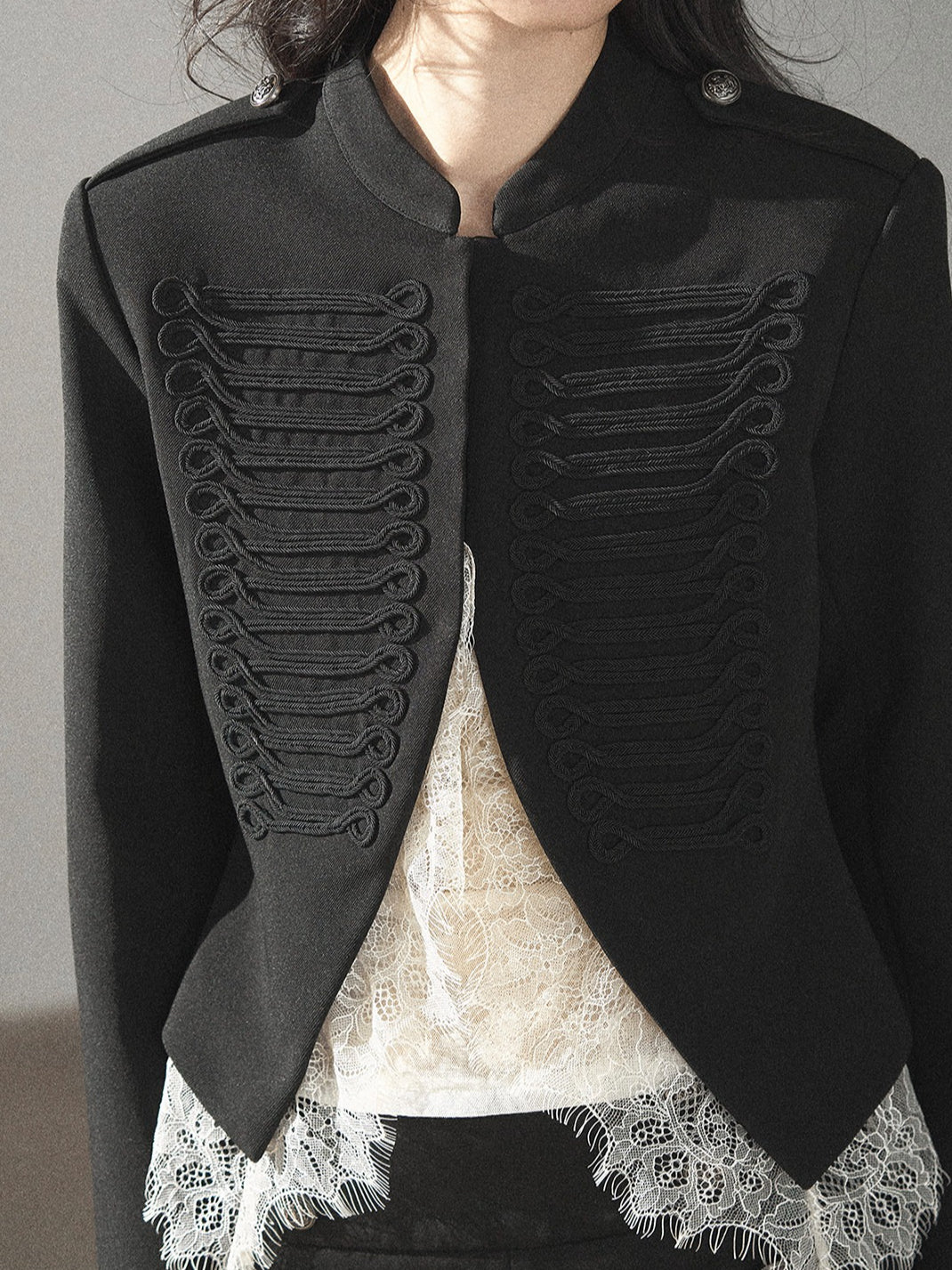 AOMALM - Black Lace Trim Cropped Jacket & Shorts Set