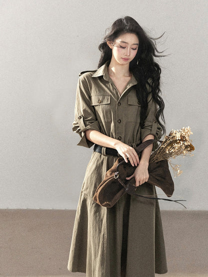 AOMALM - Sandstone Brown Utility Polo Shirt Dress with Belt
