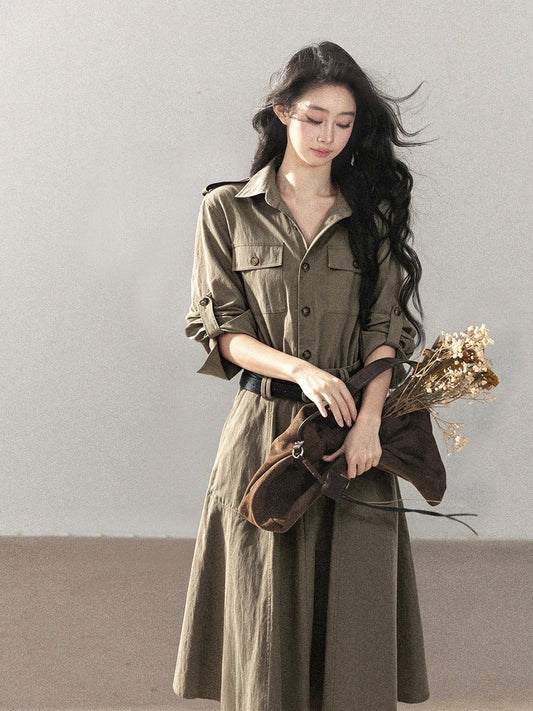 AOMALM - Sandstone Brown Utility Polo Shirt Dress with Belt