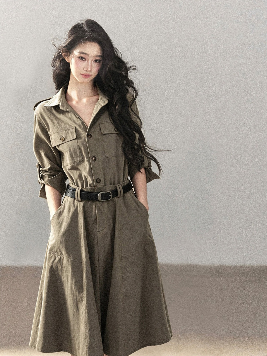 AOMALM - Sandstone Brown Utility Polo Shirt Dress with Belt