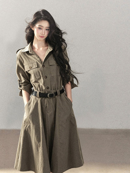 AOMALM - Sandstone Brown Utility Polo Shirt Dress with Belt