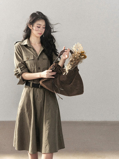 AOMALM - Sandstone Brown Utility Polo Shirt Dress with Belt