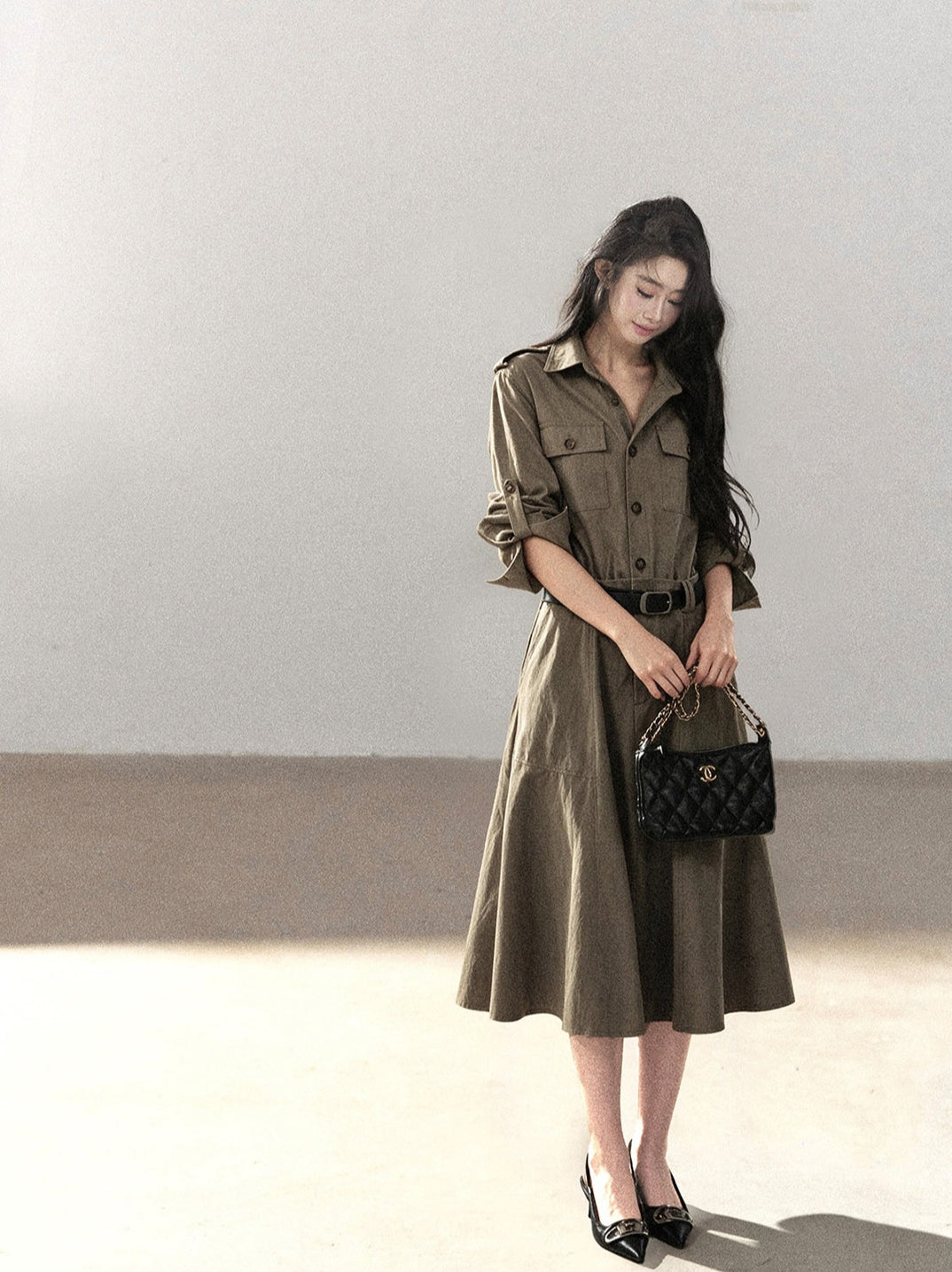 AOMALM - Sandstone Brown Utility Polo Shirt Dress with Belt