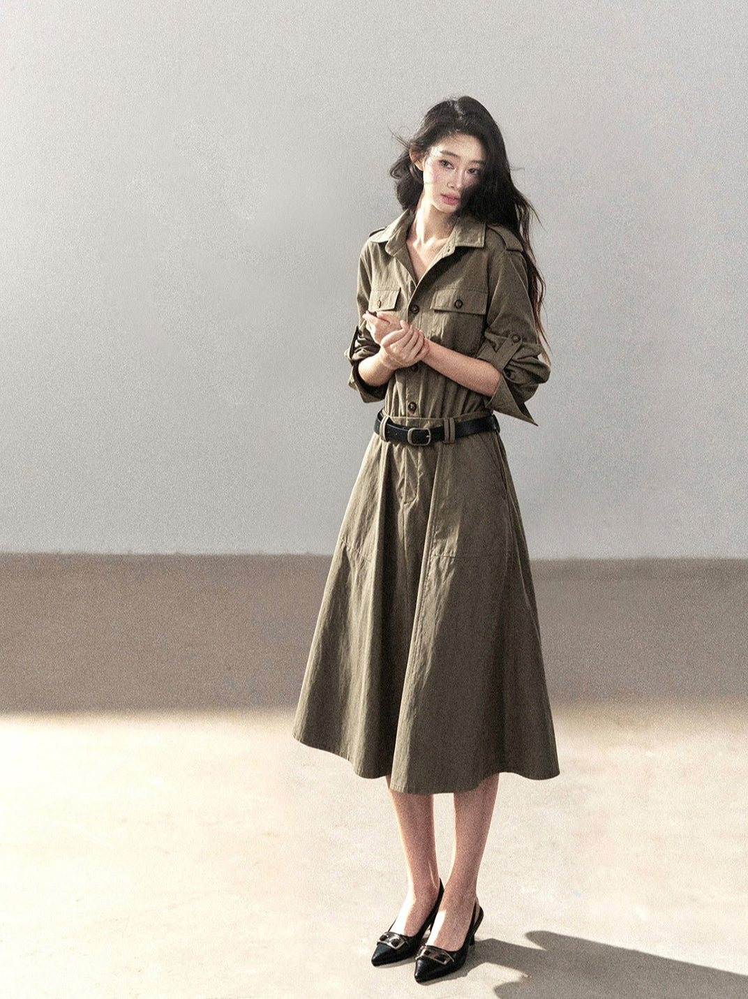 AOMALM - Sandstone Brown Utility Polo Shirt Dress with Belt