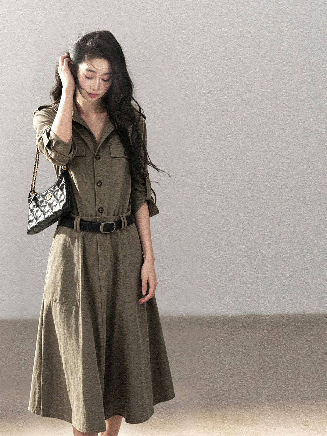 AOMALM - Sandstone Brown Utility Polo Shirt Dress with Belt