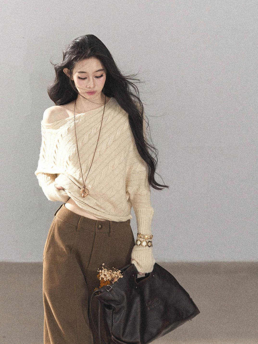 AOMALM - Dutch Cream Off-Shoulder Cable Knit Sweater with Long Cuffs