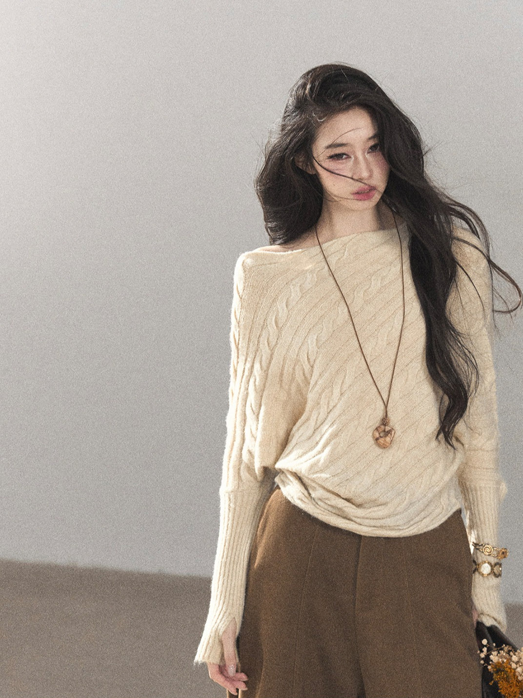 AOMALM - Dutch Cream Off-Shoulder Cable Knit Sweater with Long Cuffs