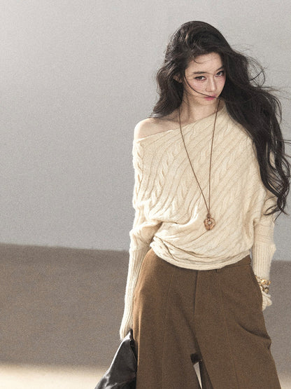 AOMALM - Dutch Cream Off-Shoulder Cable Knit Sweater with Long Cuffs
