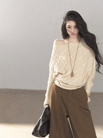 AOMALM - Dutch Cream Off-Shoulder Cable Knit Sweater with Long Cuffs