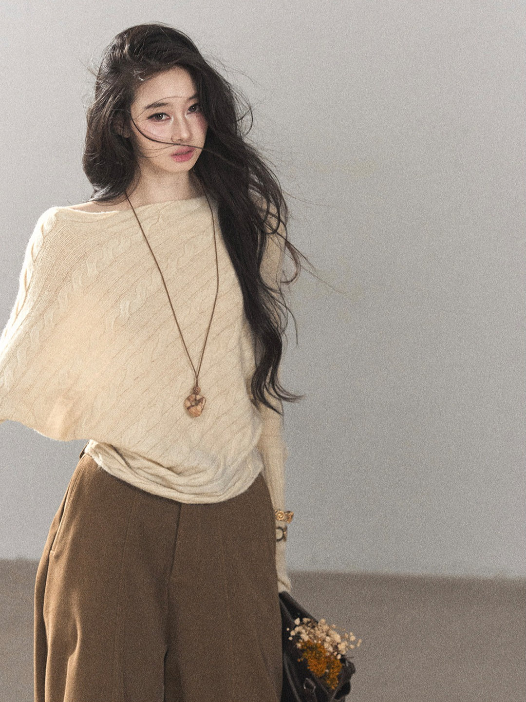AOMALM - Dutch Cream Off-Shoulder Cable Knit Sweater with Long Cuffs