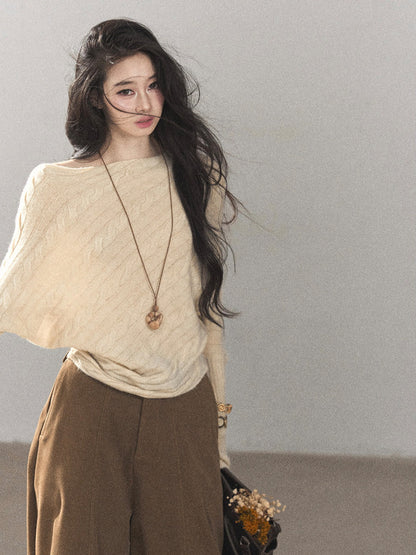 AOMALM - Dutch Cream Off-Shoulder Cable Knit Sweater with Long Cuffs