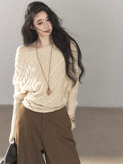 AOMALM - Dutch Cream Off-Shoulder Cable Knit Sweater with Long Cuffs