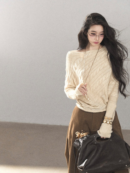 AOMALM - Dutch Cream Off-Shoulder Cable Knit Sweater with Long Cuffs