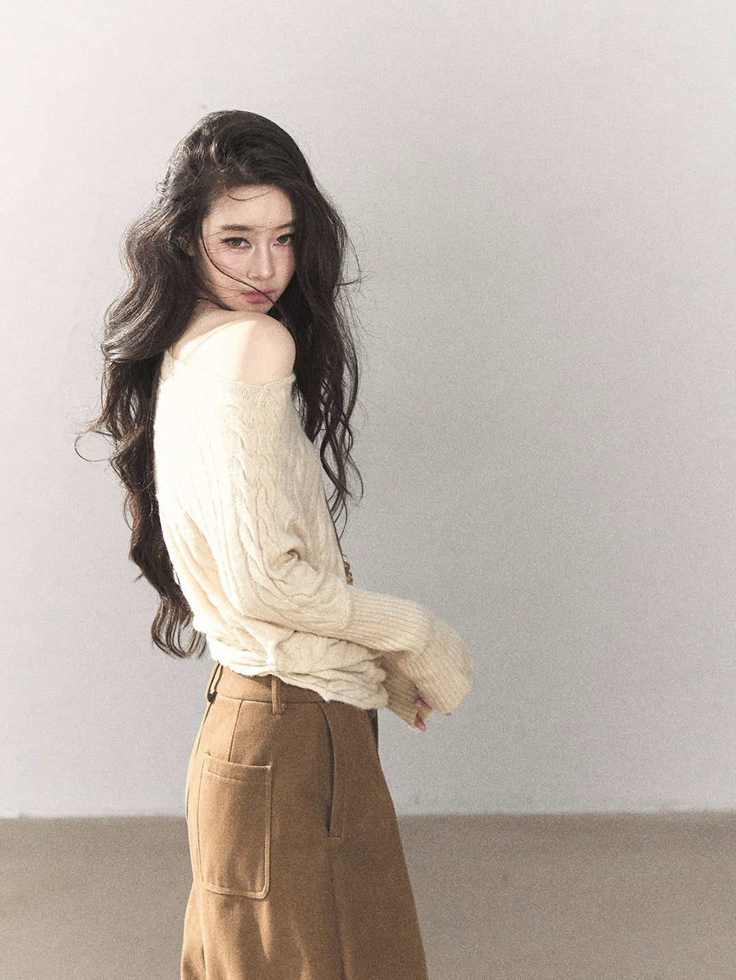 AOMALM - Dutch Cream Off-Shoulder Cable Knit Sweater with Long Cuffs