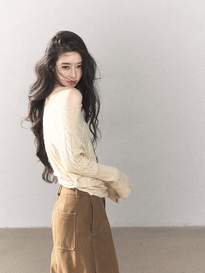 AOMALM - Dutch Cream Off-Shoulder Cable Knit Sweater with Long Cuffs
