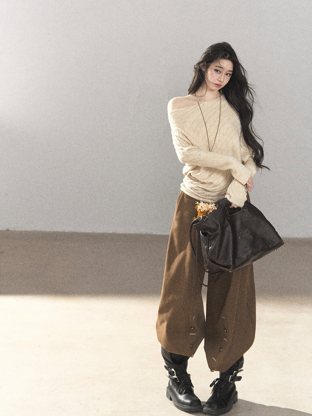 AOMALM - Dutch Cream Off-Shoulder Cable Knit Sweater with Long Cuffs