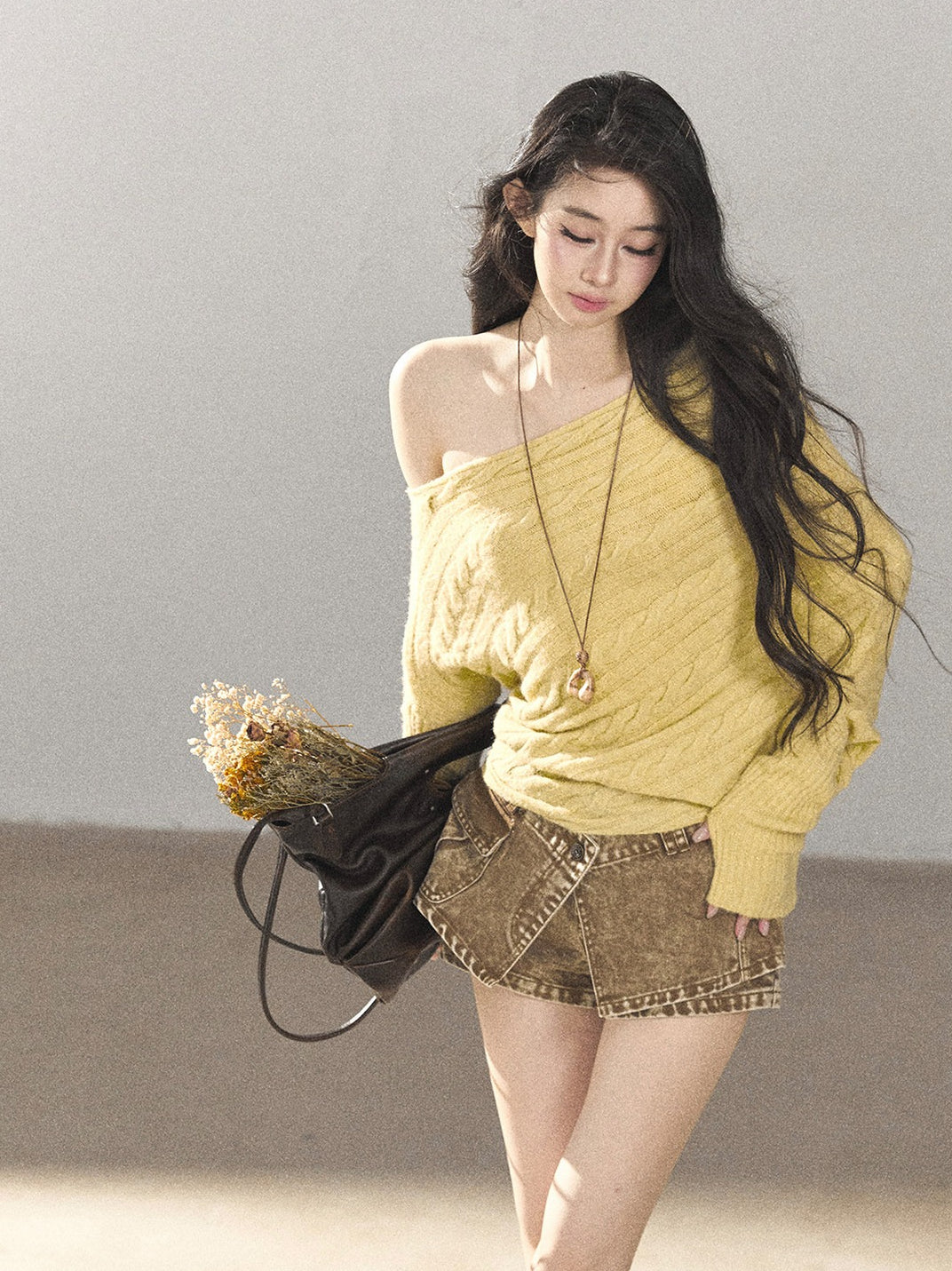 AOMALM - Cheese Yellow Off-Shoulder Cable Knit Sweater with Long Cuffs