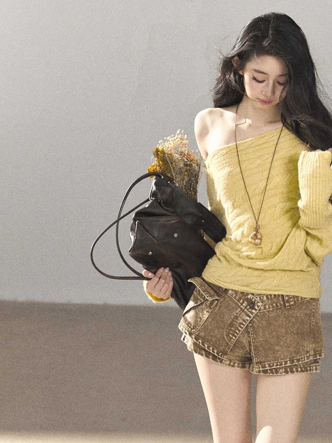 AOMALM - Cheese Yellow Off-Shoulder Cable Knit Sweater with Long Cuffs