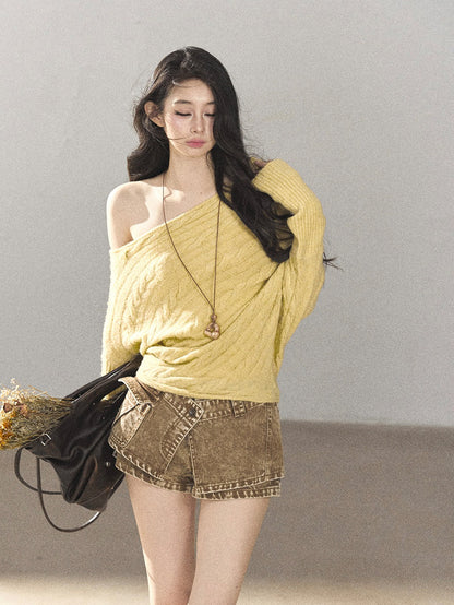 AOMALM - Cheese Yellow Off-Shoulder Cable Knit Sweater with Long Cuffs