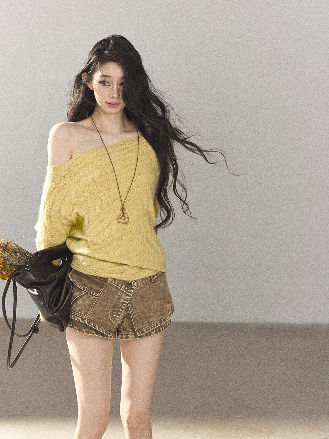 AOMALM - Cheese Yellow Off-Shoulder Cable Knit Sweater with Long Cuffs